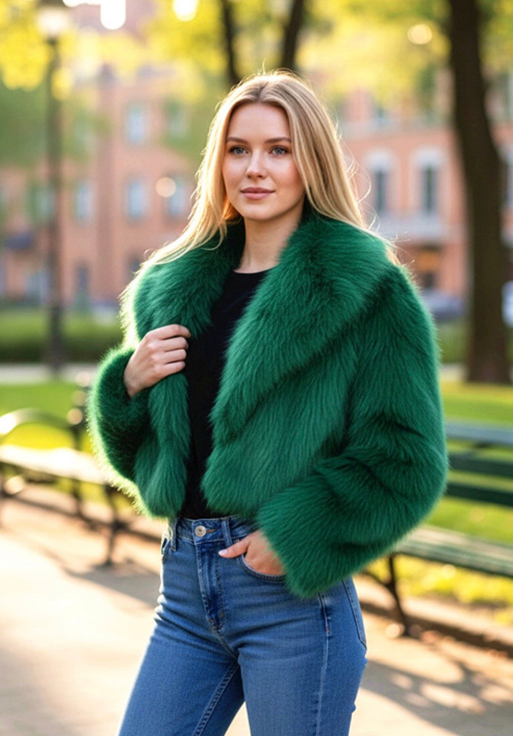 Cropped fur coat -Green Size:S/M
