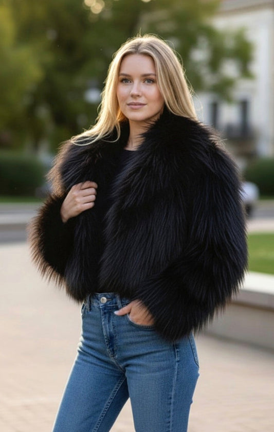 Cropped fur coat -Black Size:S/M