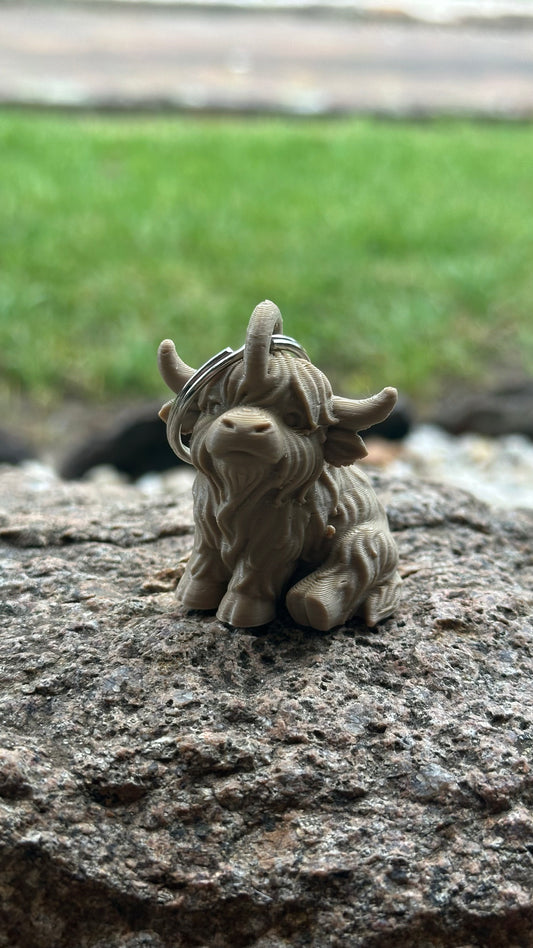 Brown 3D printed highland cow keychain